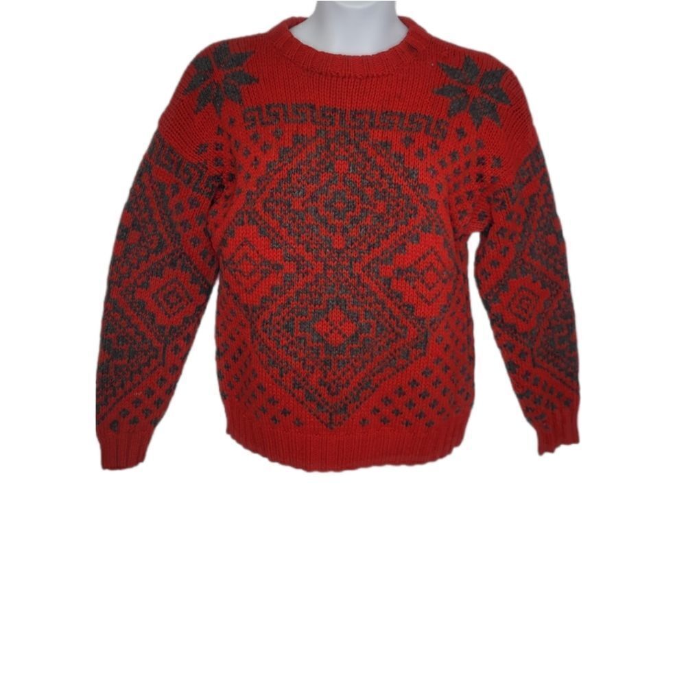 VINTAGE 90s sweater red chunky hand knit wool crew neck unisex grunge S